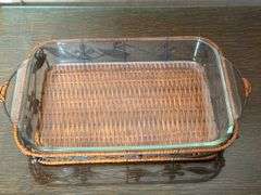 PRISCILLA WARE ALUMINUM COVERED ROASTER, PYREX 9 x 13 PAN WITH BASKET, AND BAKING PANS