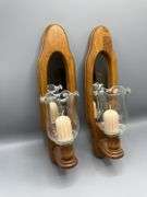 PAIR OF VINTAGE OAK MIRRORED CANDLE HOLDERS