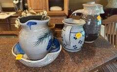 Assortment of Pottery Pitchers and Apple Pottery Bowl