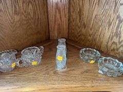 (2) Crystal Cut Glass Creamer and Sugar Set, (2) Crystal Cut Glass Salt and Pepper Shakers, (2) Glas