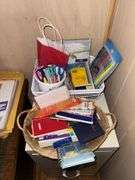 OFFICE SUPPLIES: ORGANIZER BASKETS, SCISSORS, PENS, PENCILS, MARKERS, NOTEPADS, STAPLER