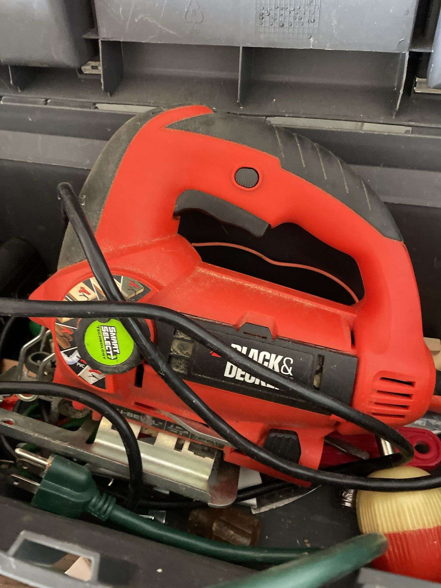TOOL BOX WITH BLACK & DECKER JIGSAW AND HAND TOOLS