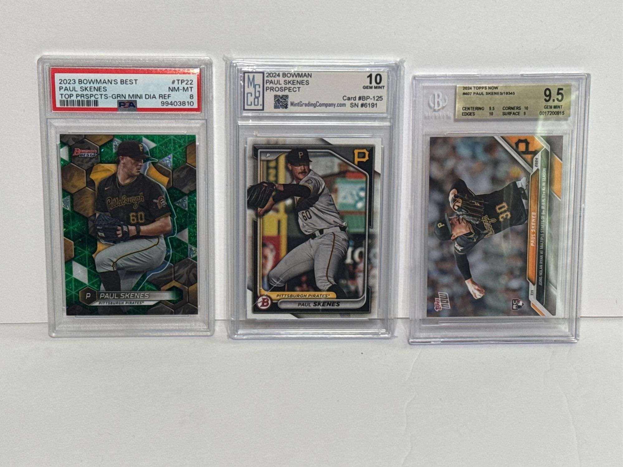 2024 Topps Now Paul Skenes (BGS 9.5), 2024 Bowman Paul Skenes Prospect (MGC 10), and 2023 Bowman’s B
