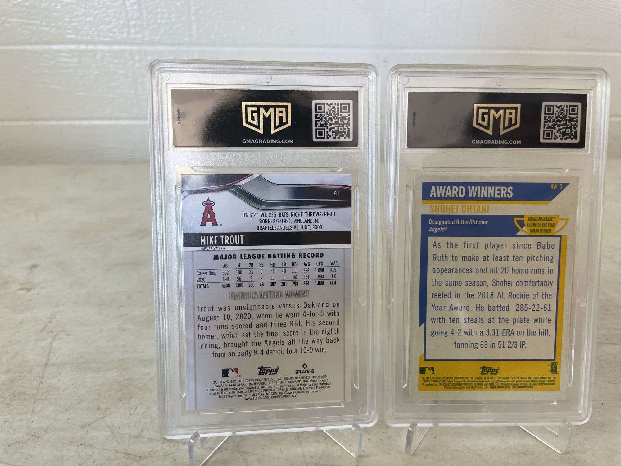 2019 Topps Heritage Shohei Ohtani and 2021 Bowman Platinum Mike Trout - PSA 10s