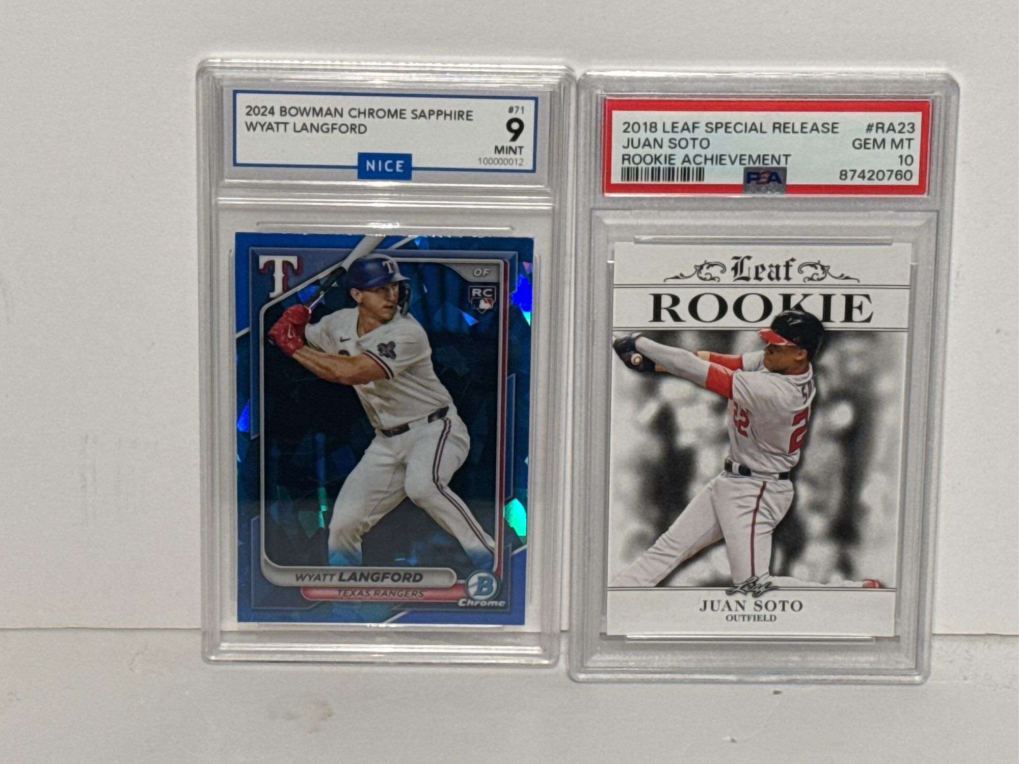 2024 Bowman Chrome Sapphire Wyatt Langford (NICE 9) and 2018 Leaf Special Release Juan Soto Rookie A