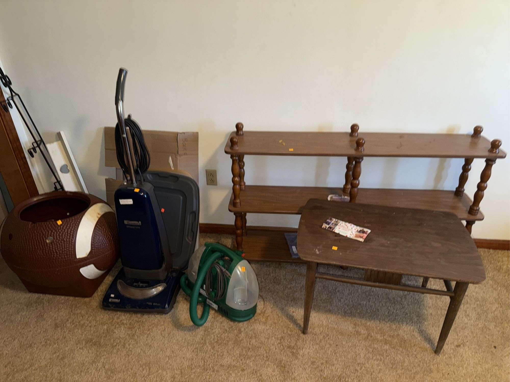 BISSELL LITTLE GREEN CARPET CLEANER, VACUUM SWEEPER, WOOD SHELF, TABLE, AND MORE