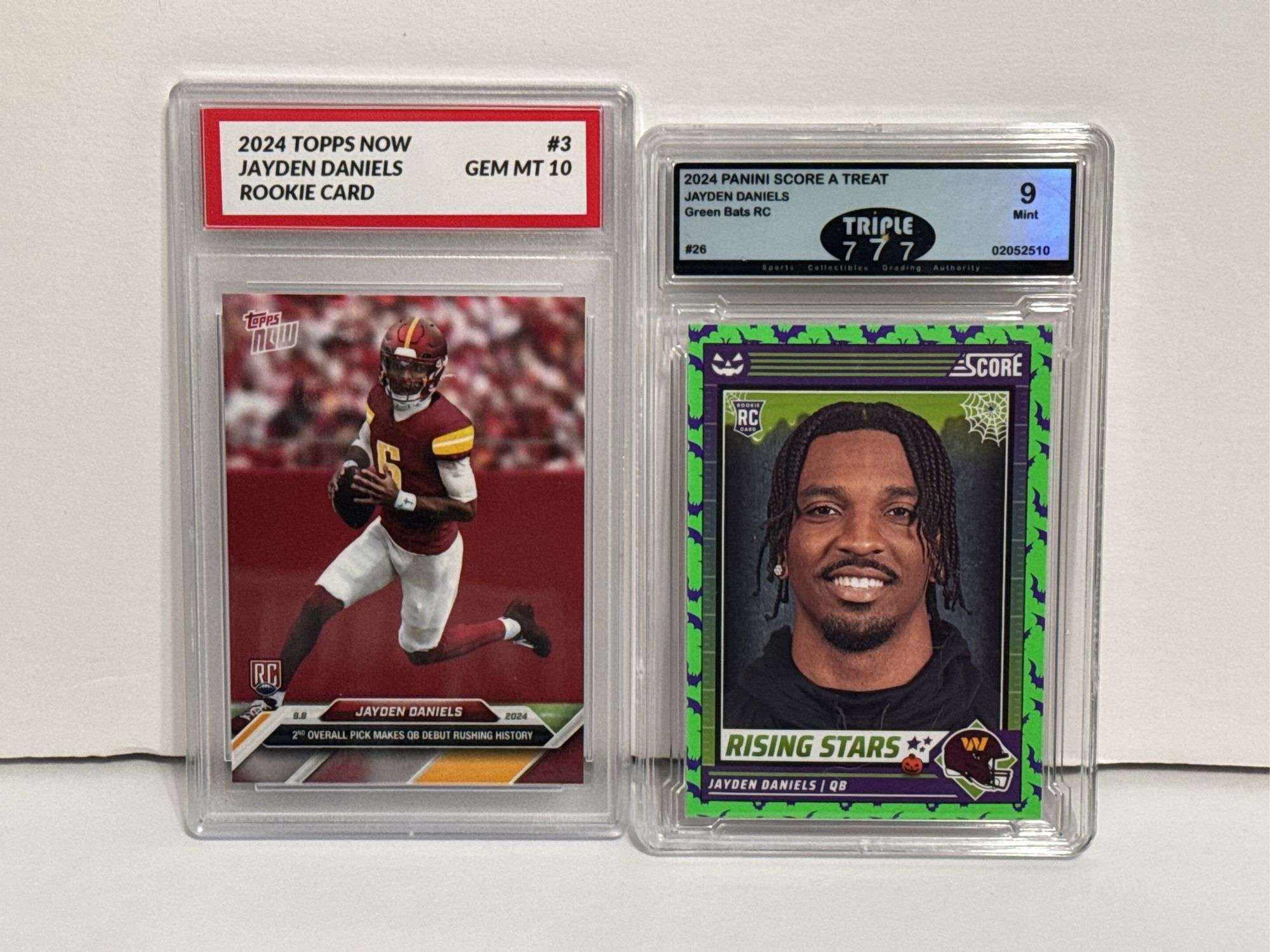 2024 Panini Score-A-Treat Jayden Daniels Green Bats RC (Mint 9) and 2024 Topps Now Jayden Daniels RC