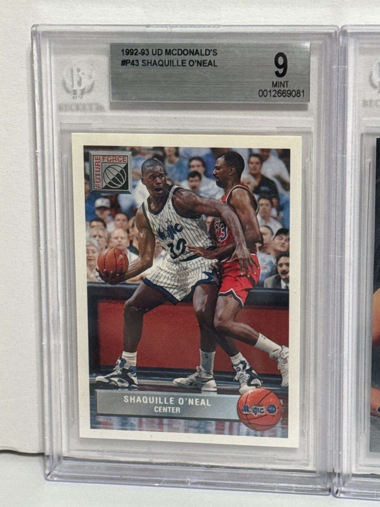 1992-93 UD McDonalds Shaquille O’Neal (BGS 9) and 1998-99 Fleer Brilliants Dirk Nowitzki RC (BGS 8.5