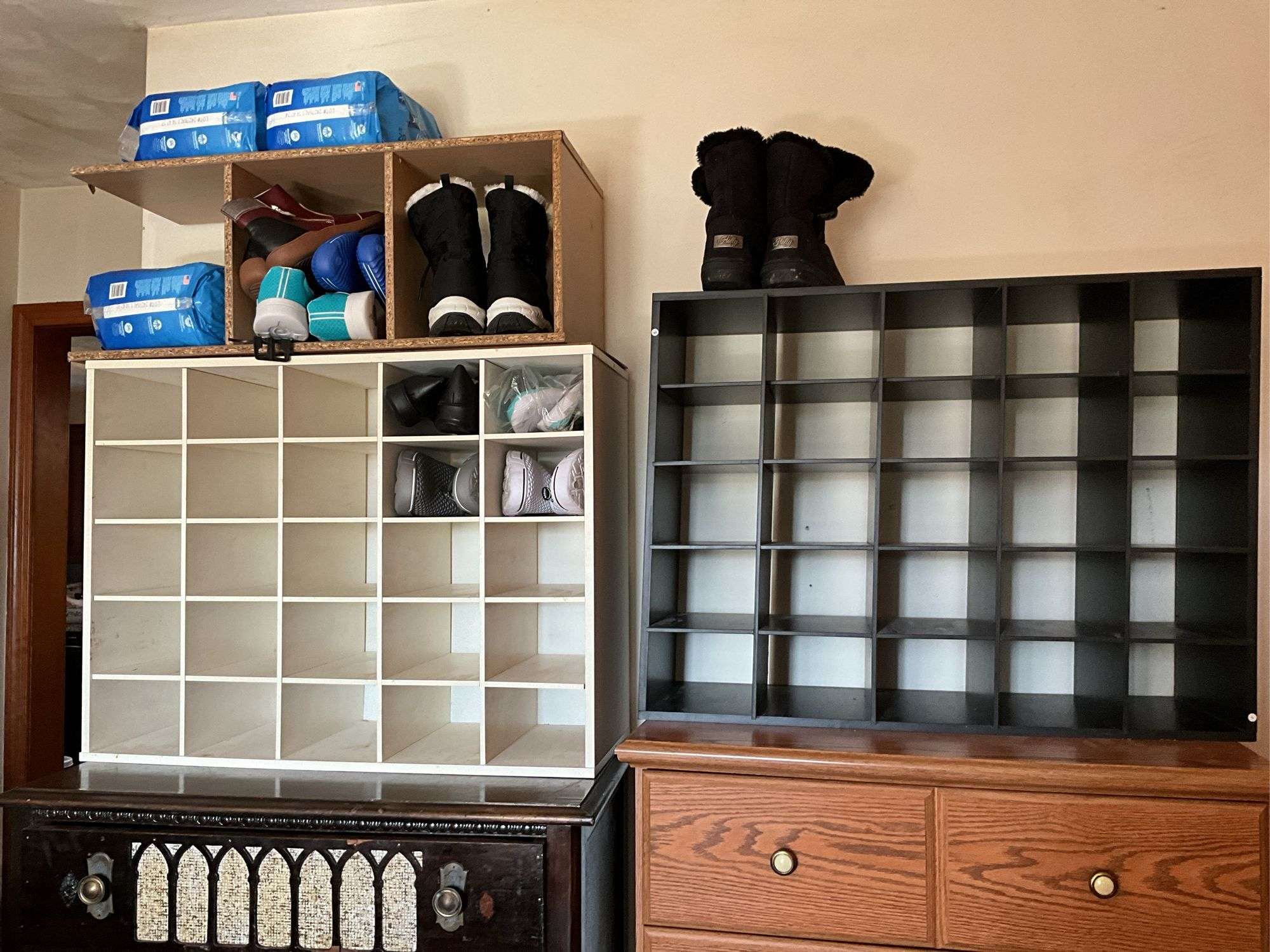 SHOE ORGANIZERS, SHOES , AND DEPENDS NEW PACKS