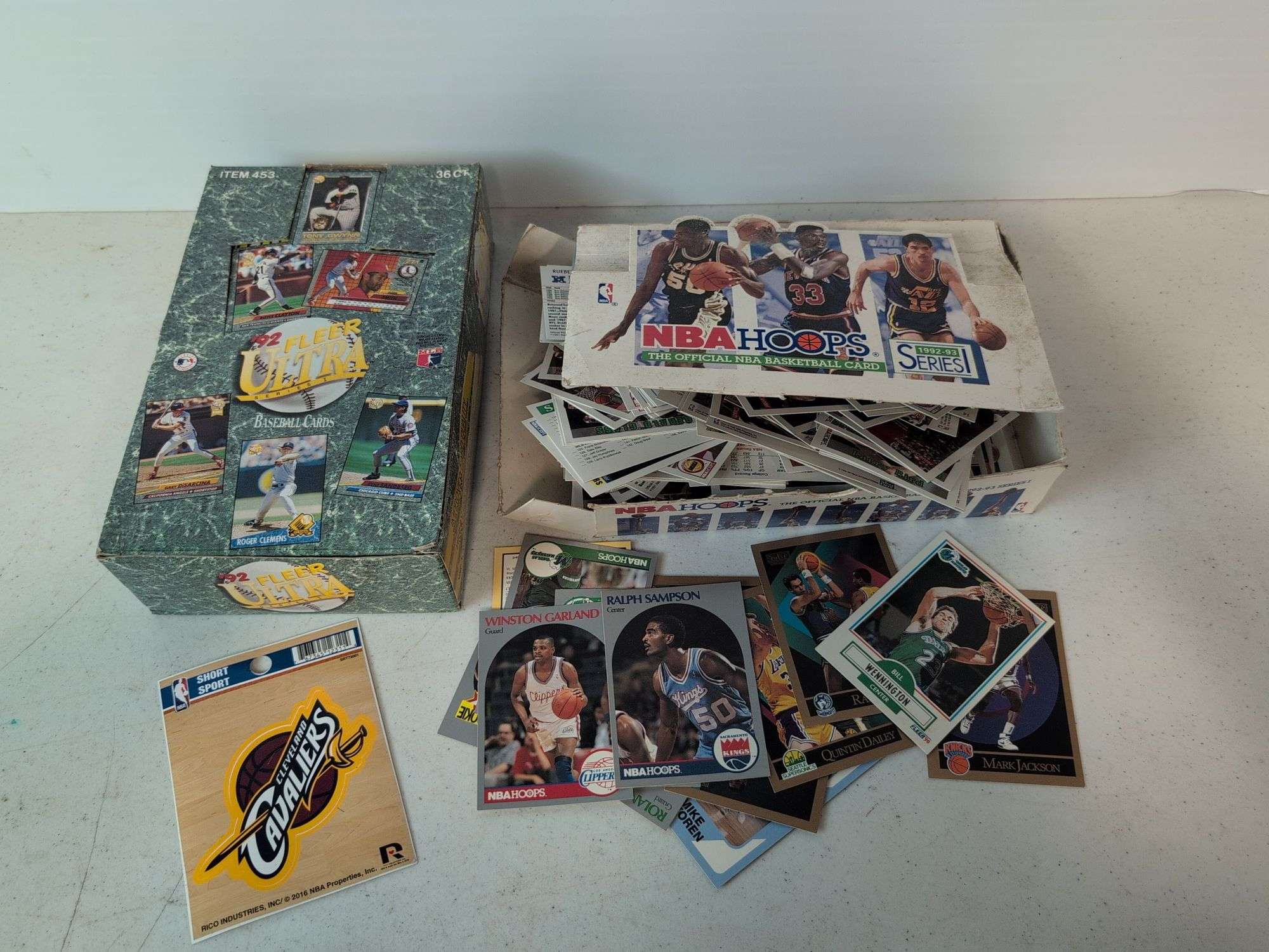 1992 Fleer Ultra baseball wax box with sealed cards and '92-'93 NBA Hoops wax box with trading cards