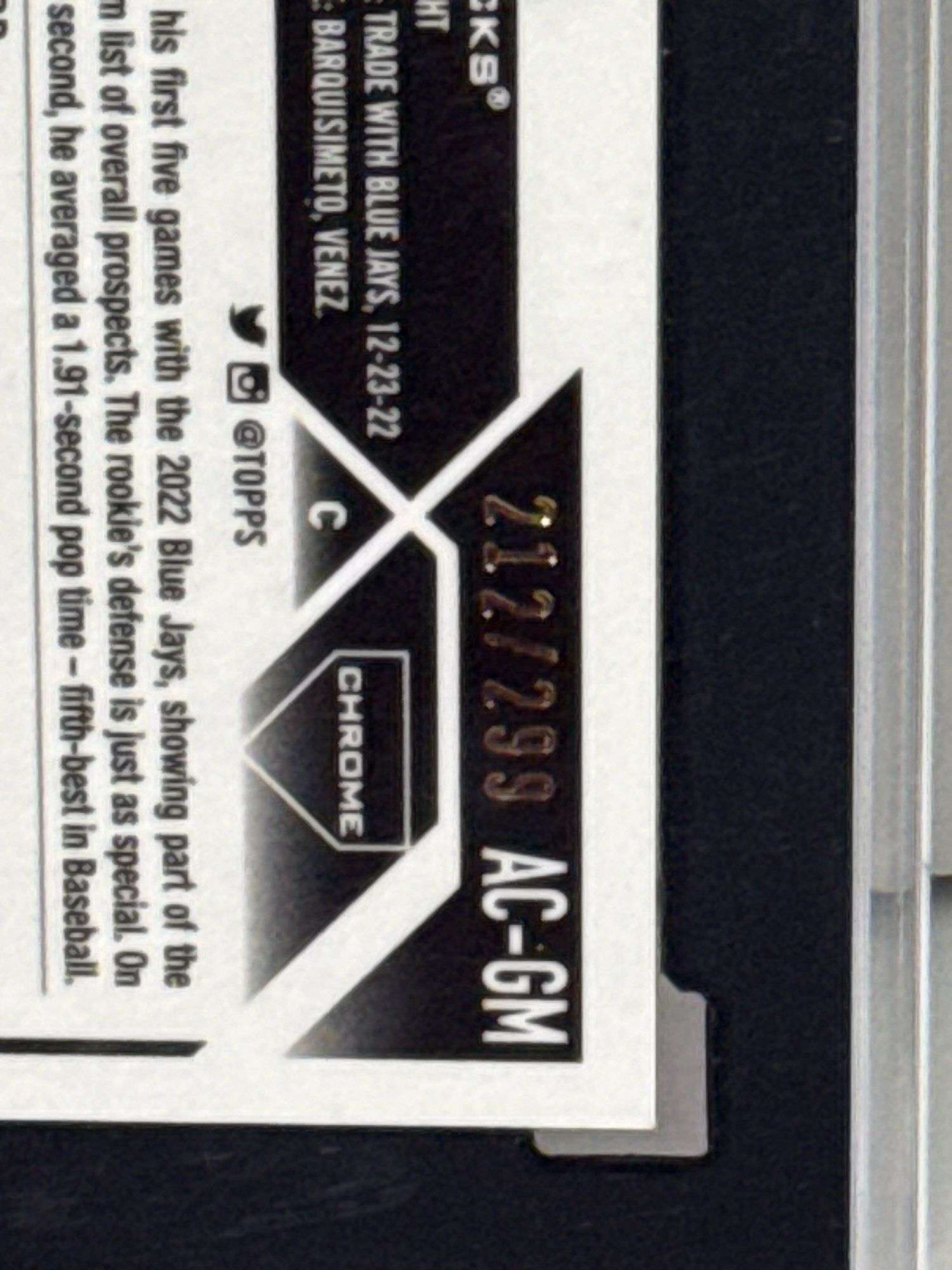 2023 Topps Chrome Update Gabriel Moreno Purple Speckle Autograph #212/299 (SGC 9.5, Auto 10)