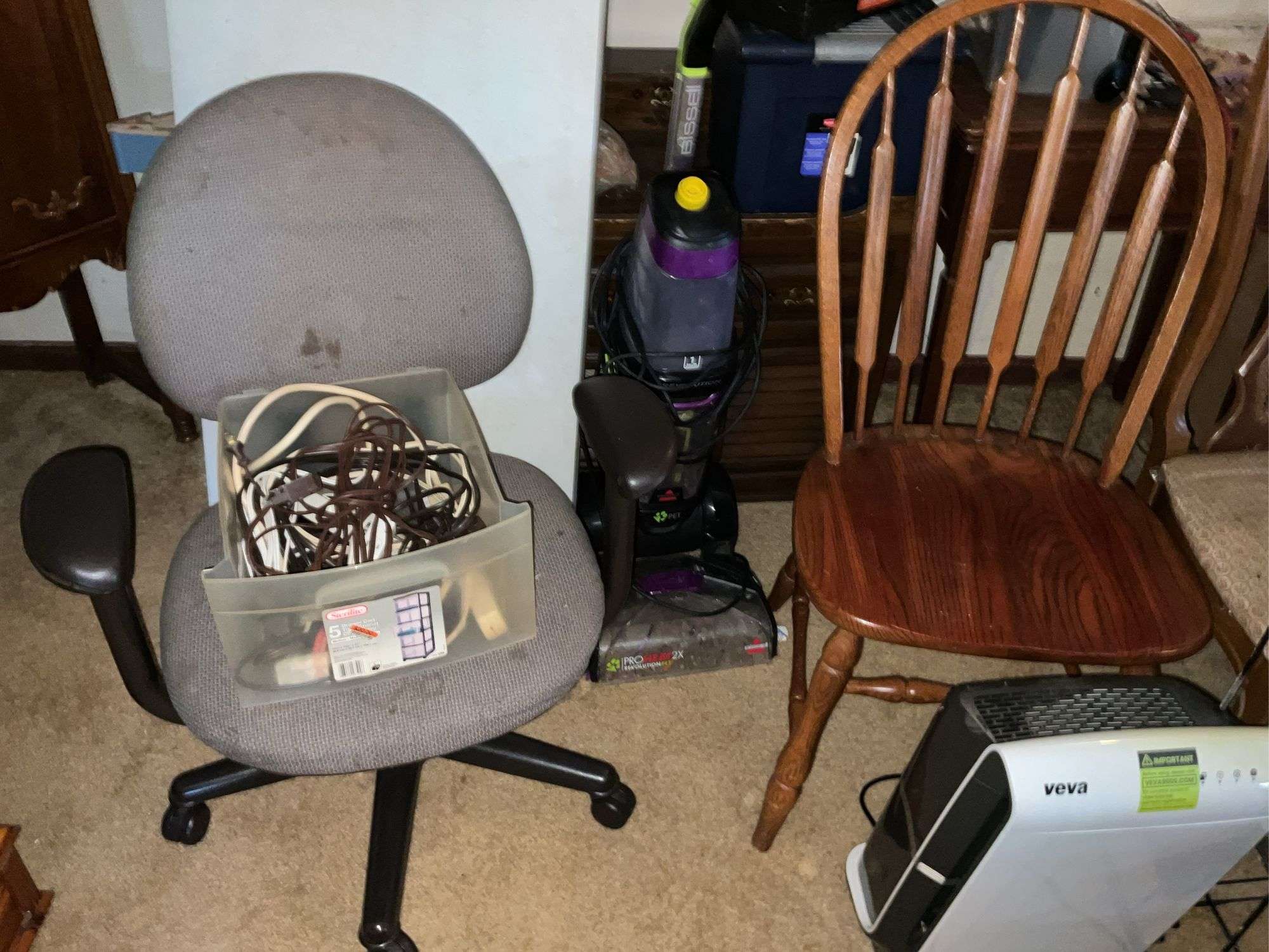 LARGE LOT OF CHAIRS, STANDS, BISSELL SWEEPER, ELECTRICAL CORDS