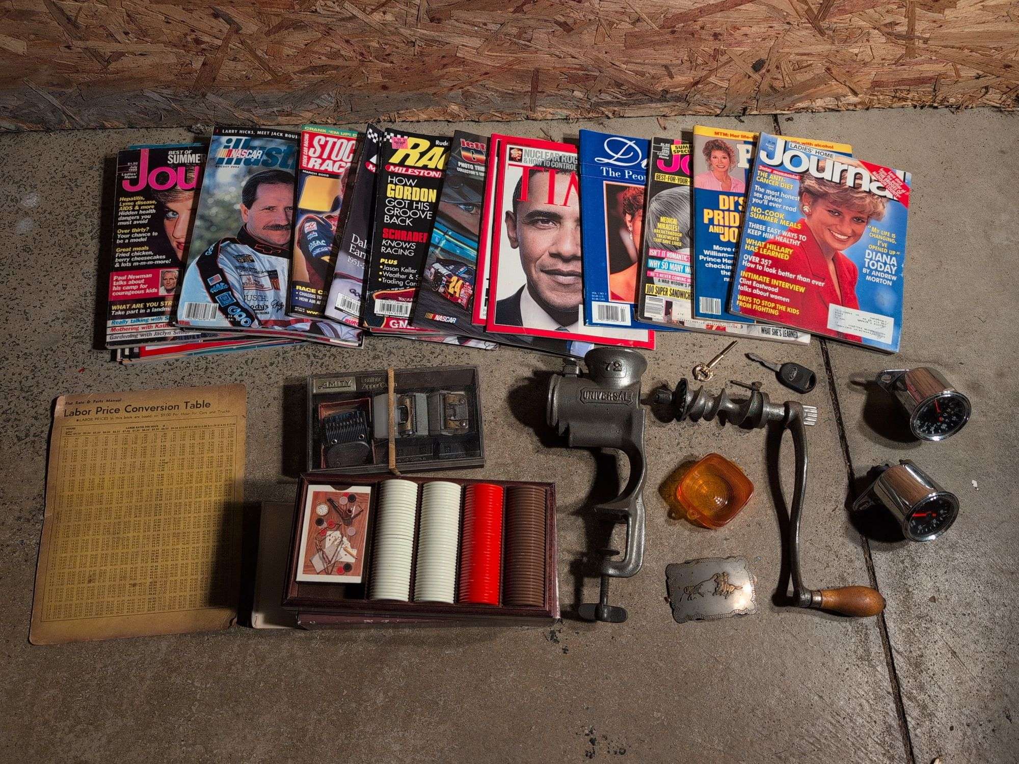 Miscellaneous vintage items - Universal meat grinder, poker set, clippers, speedometers, belt buckle