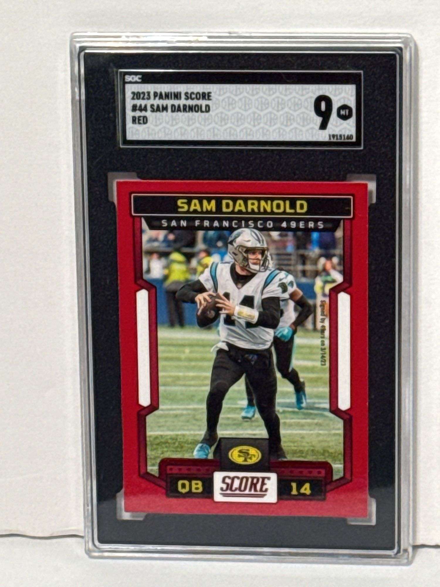 2019 Donruss Deebo Samuel Red Hot Rookies RC (SGC 10) and 2023 Panini Score Sam Darnold Red (SGC 9)