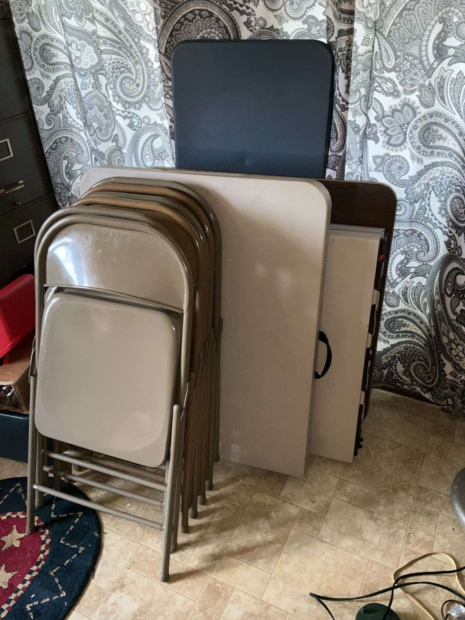 3-FOLDING TABLES, CARD TABLE, AND FOLDING CHAIRS