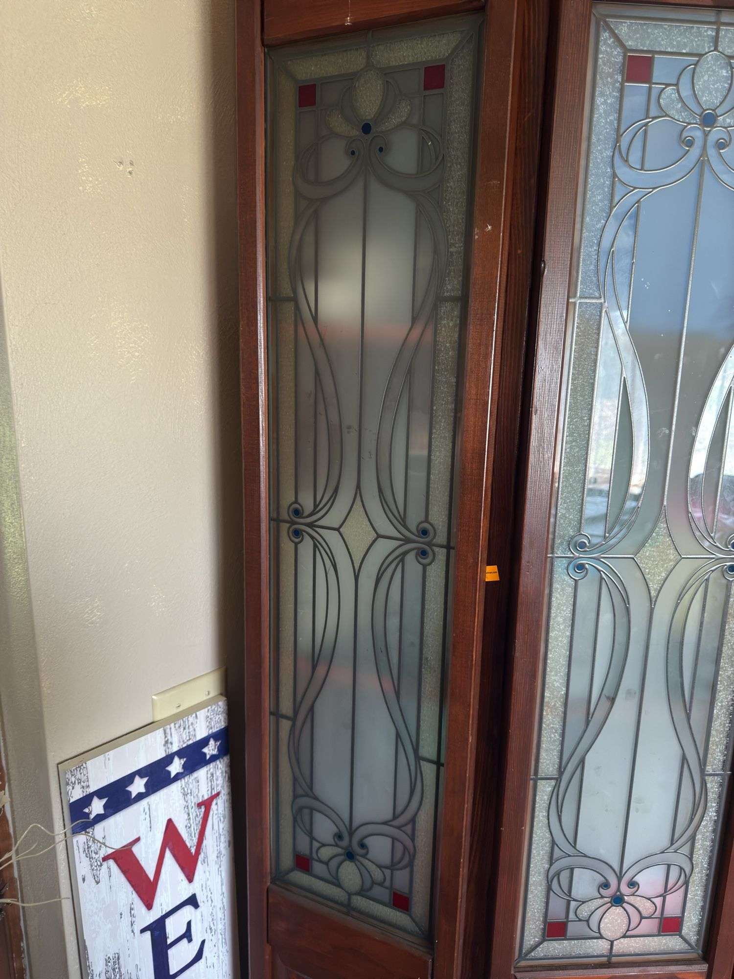 WOODEN AND STAINED GLASS TYPE CORNER CABINET 84" X 42"