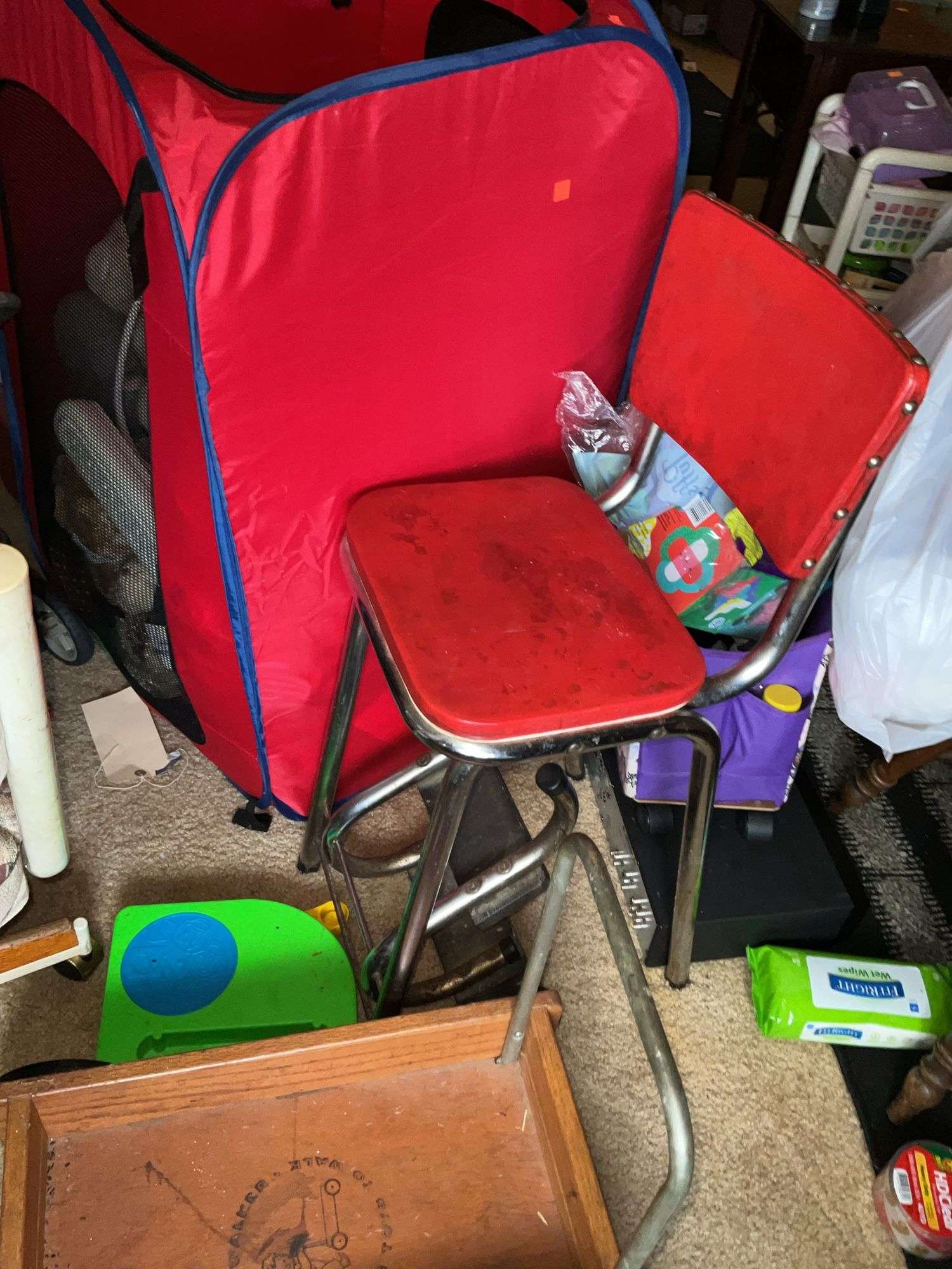 CHAIRS, ICE CHEST, STROLLER, AND BIN WITH TOYS