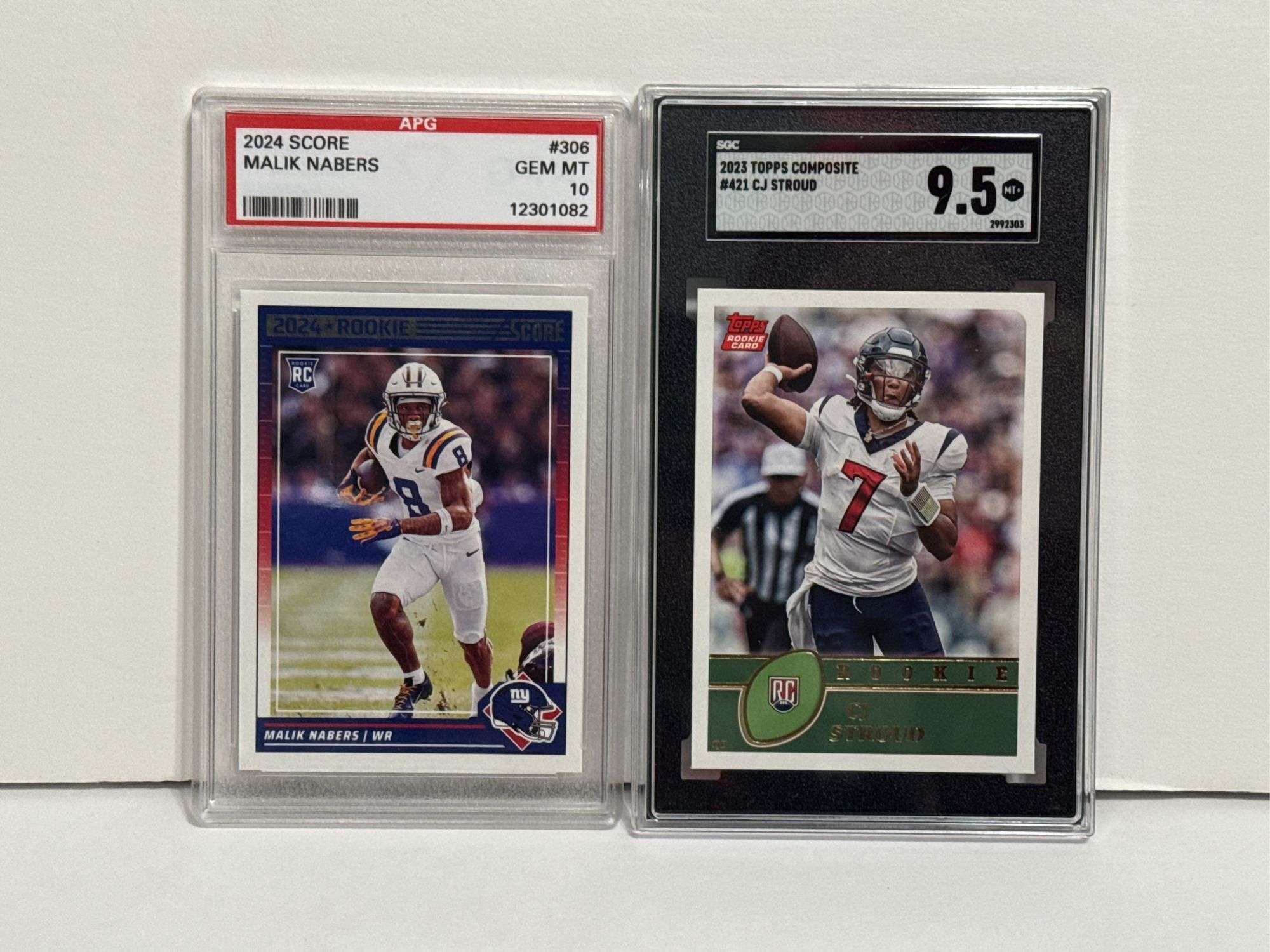 2024 Score Malik Nabers RC (APG Gem Mint 10) and 2023 Topps Composite CJ Stroud RC (SGC 9.5)
