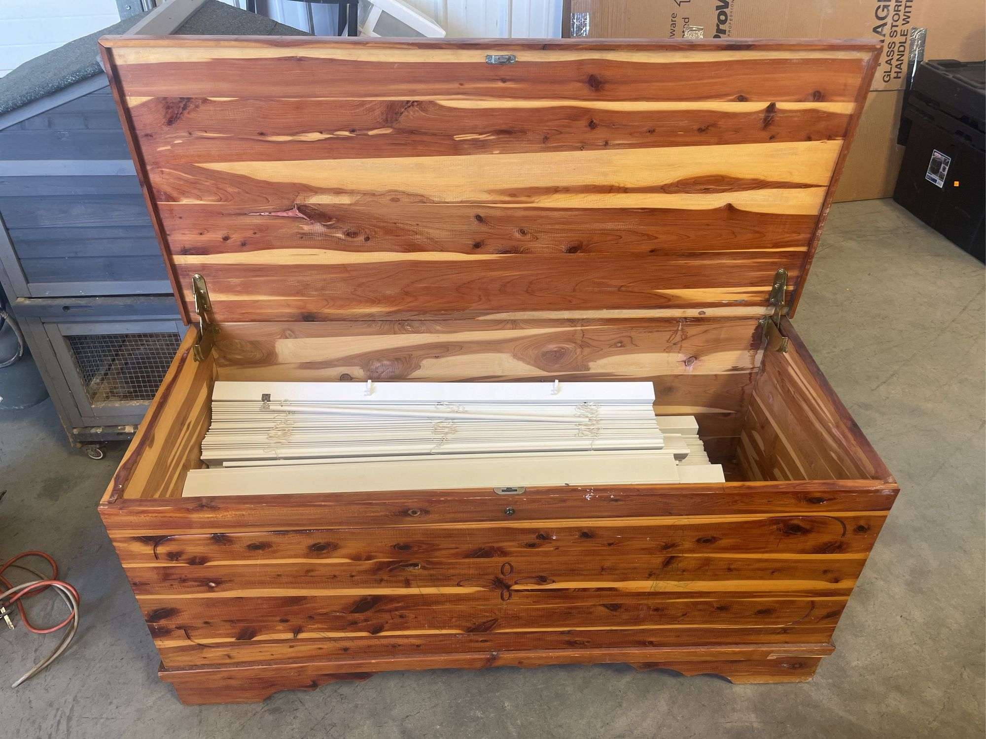 Cedar chest and (10) white faux wood blinds - 34.5" wide