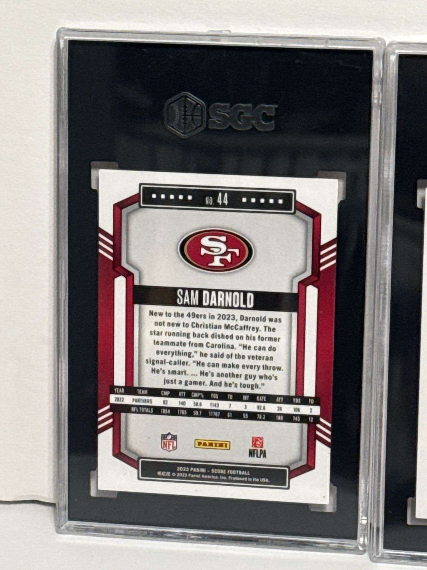 2019 Donruss Deebo Samuel Red Hot Rookies RC (SGC 10) and 2023 Panini Score Sam Darnold Red (SGC 9)