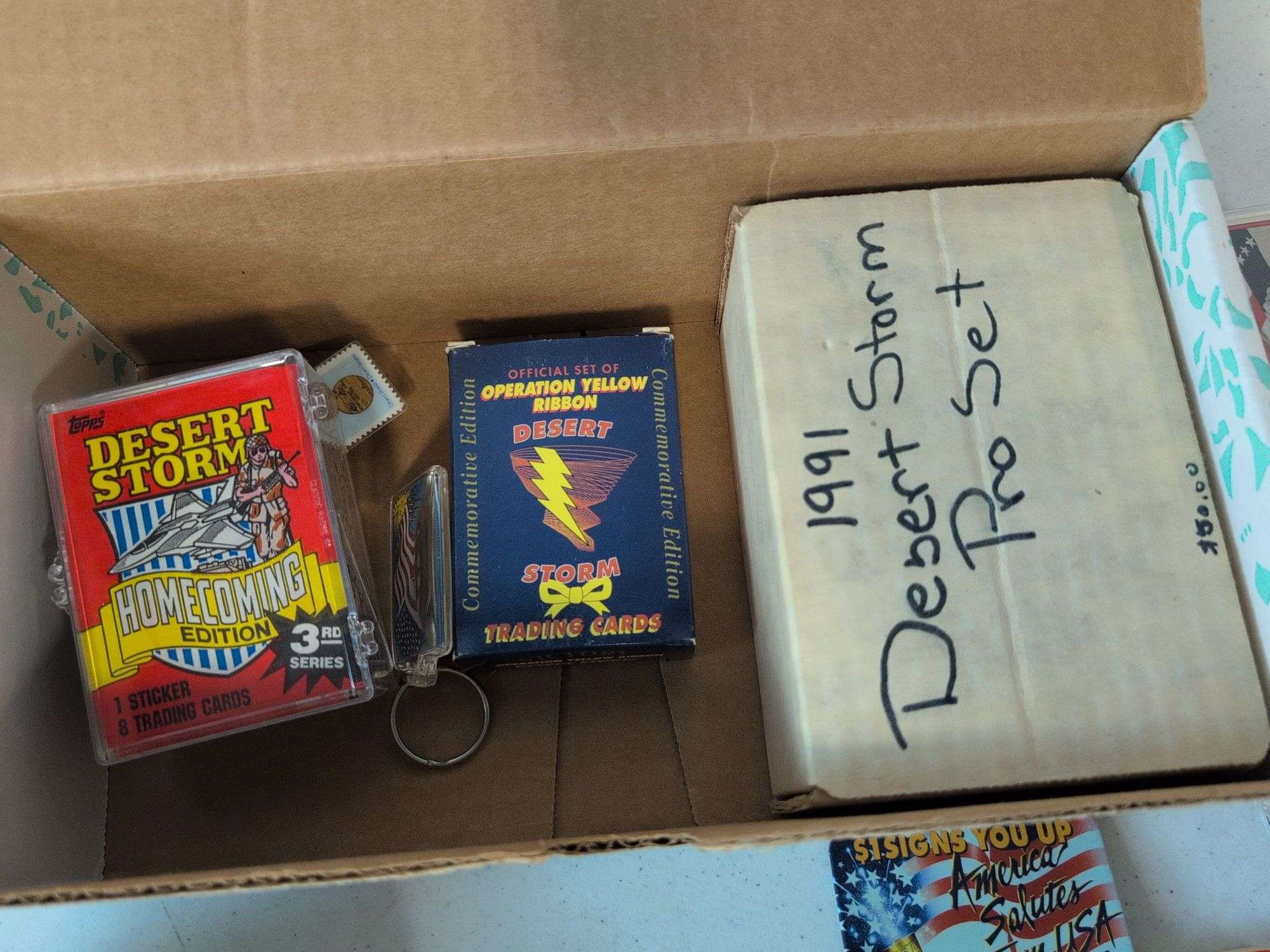 (5) Desert Storm trading card wax boxes- (2) factory sealed, and other Desert Storm cards and items