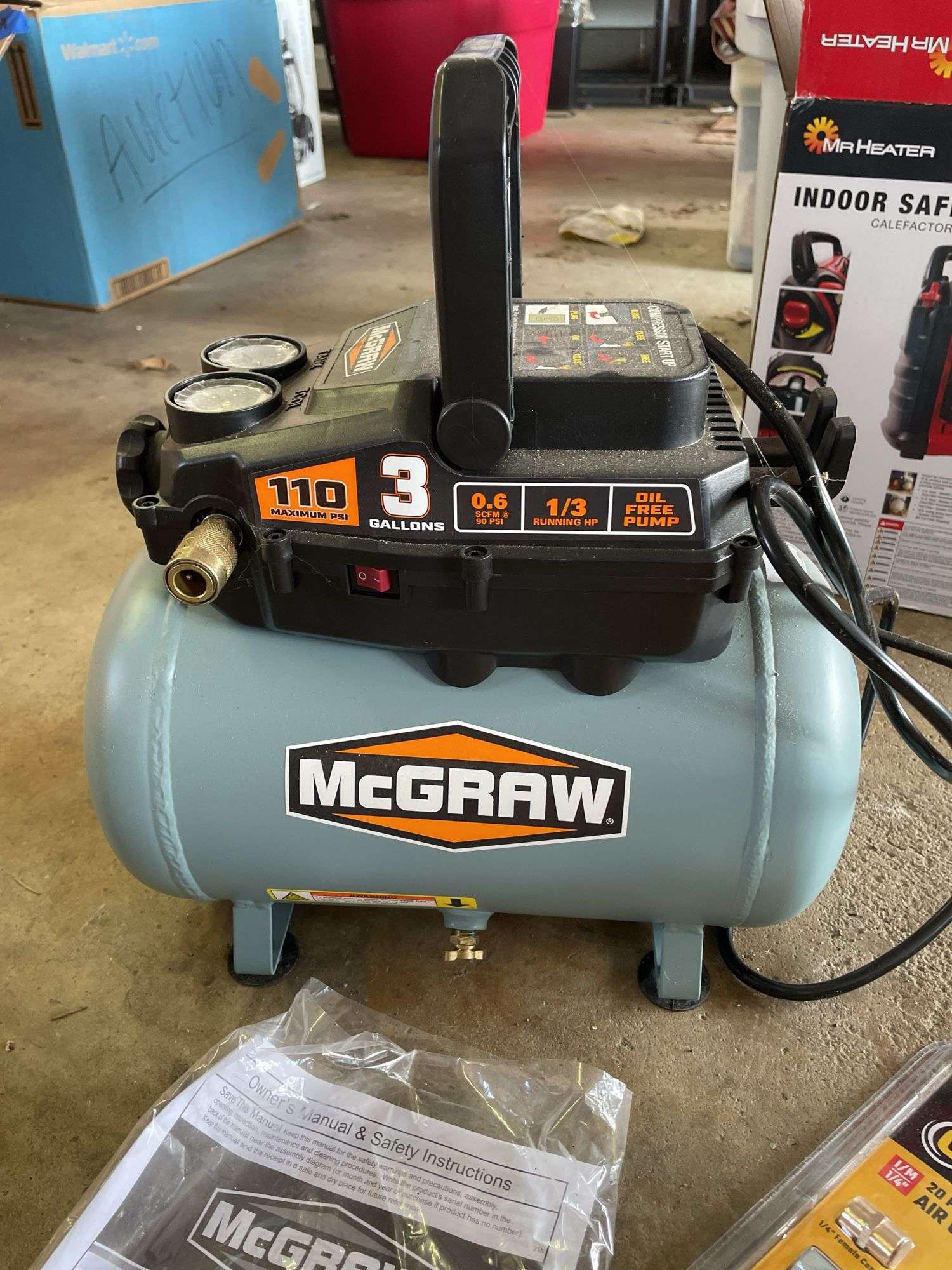 MCGRAW 3 HP AIR COMPRESSOR AND CENTRAL PNEUMATIC STARTER KIT