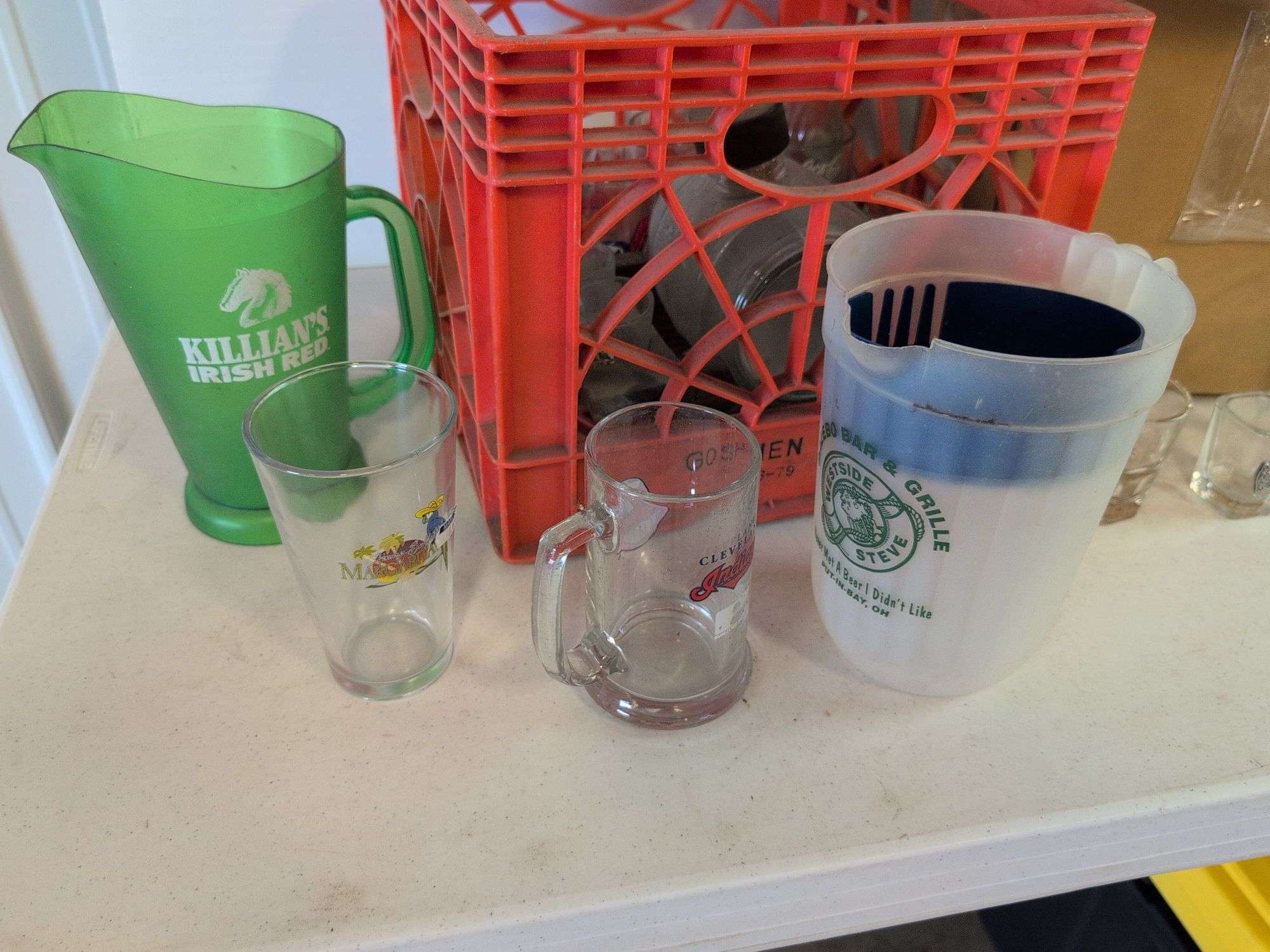 Drinking glasses, pitchers, and shot glasses with designs