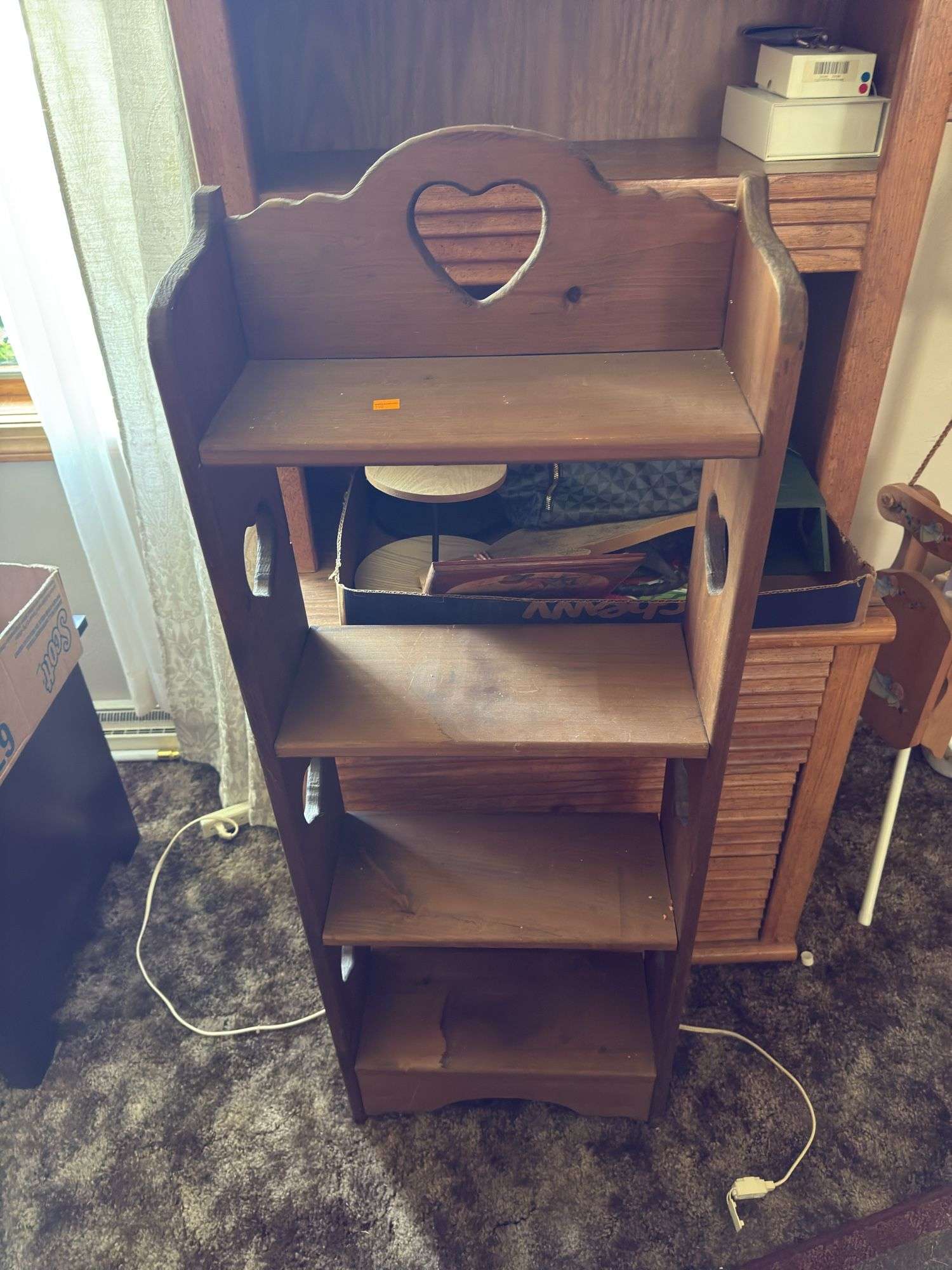 DISPLAY CUPBOARD, WOODEN SHELVING, HALL TREE AND MORE