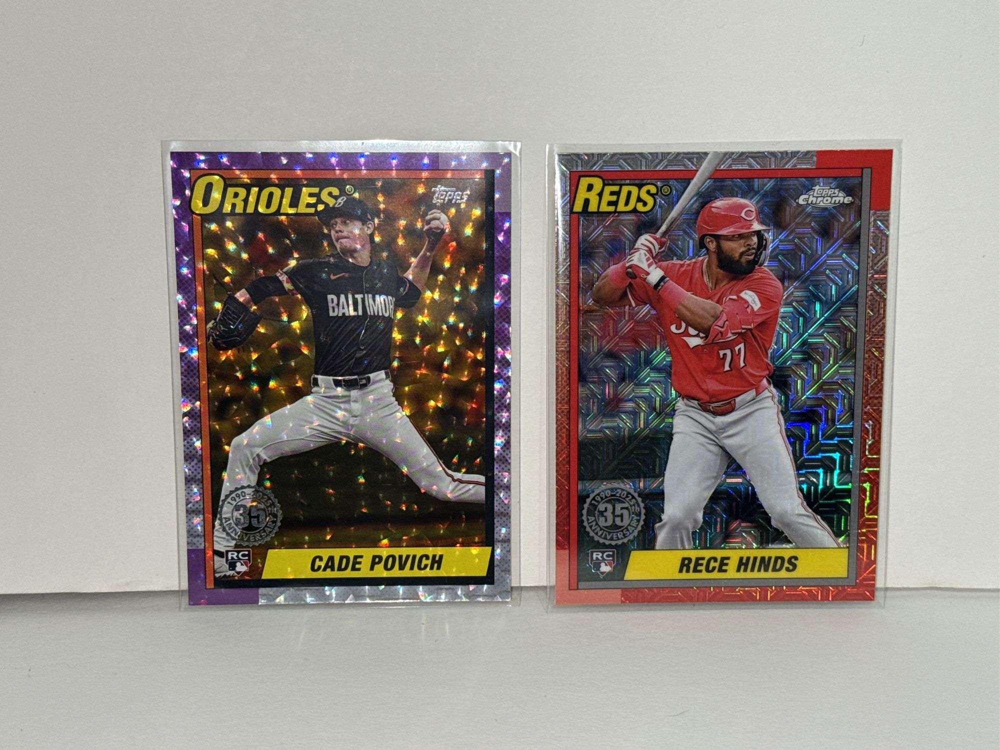 2025 Topps Cade Povich 35th Anniversary Purple Refractor RC (#’d 33/50) and 2025 Topps Rece Hinds 35