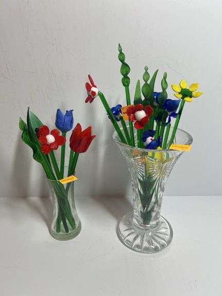 (2) Glass Vases, and Glass Flowers