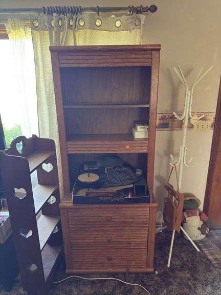 DISPLAY CUPBOARD, WOODEN SHELVING, HALL TREE AND MORE