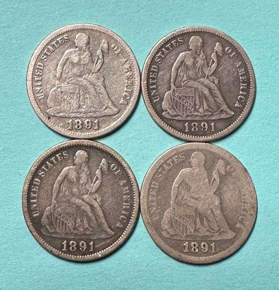 Lot of Four (4) 1891 Silver Seated Liberty Dimes