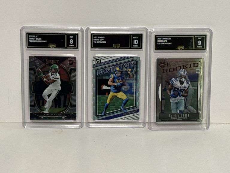 2022 Select Garrett Wilson Concourse Rookie (GMA 9), 2022 Donruss Cooper Kupp Dominators (GMA 10), a