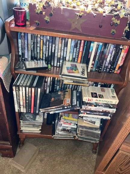 WOOD CABINET W/SPEAKERS AND SHELF OF DVD'S/CD'S