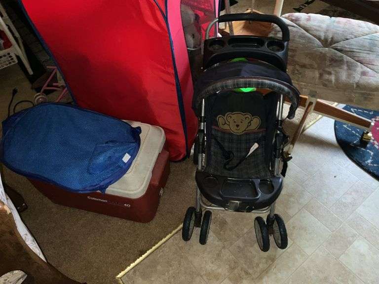 CHAIRS, ICE CHEST, STROLLER, AND BIN WITH TOYS
