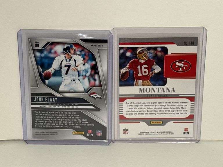 2023 Panini Plates and Patches Joe Montana Card (#’d 27/35) and 2024 Panini Prizm John Elway Checker