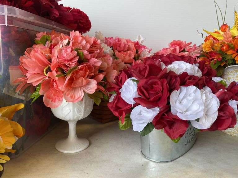 Large lot of faux flowers - some w/ vases