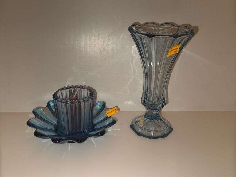 Fostoria Pale Blue Glass Candlesticks Vase and Fostoria Celestial Blue Rays Elegant Bowl w/ Blue Rib