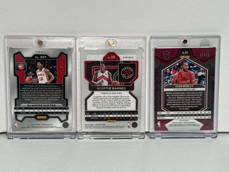 2021 Panini Prizm Scottie Barnes RC, 2023 Panini Prizm Orange Refractor De’Andre Hunter, and 2023 Pa