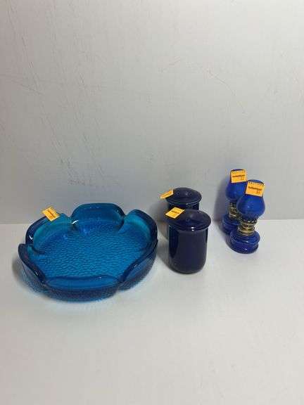 Cobalt Blue Dish, (2) Salt and Pepper Shakers, (2) Mini Oil Lamps
