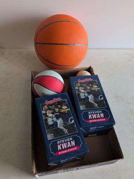(2) Steven Kwan bobbleheads, baseball, and (2) basketballs
