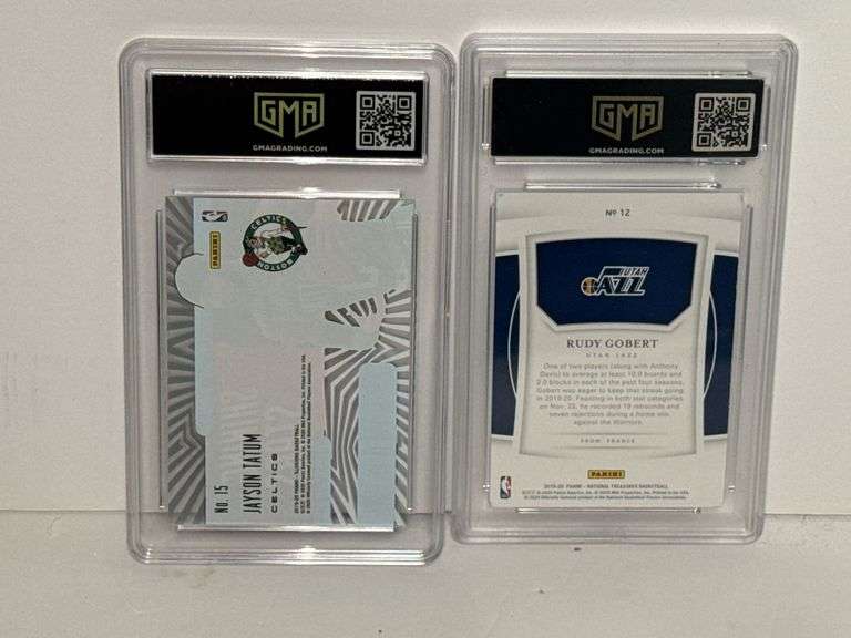 2019 Illusions Jayson Tatum Shining Stars Sapphire (GMA 10) and 2019 National Treasures Rudy Gobert 