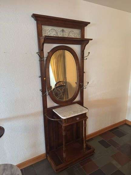 Vintage Victorian Revival Hall Tree with Mirror & Marble Top