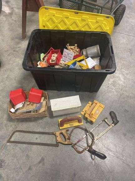 Tote of woodworking items - saws, tools, and more