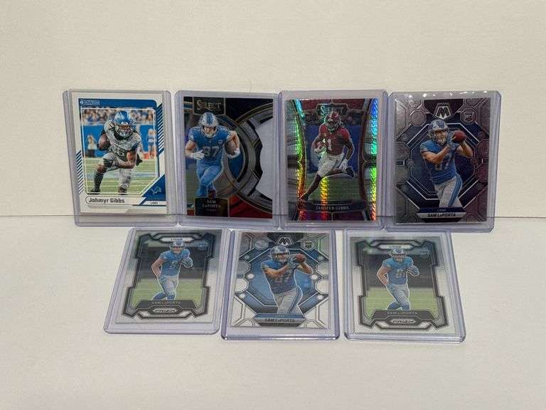 2023 Panini Select Jahmyr Gibbs RC, (2) 2023 Panini Prizm Sam LaPorta RC, (2) 2023 Panini Mosaic Sam