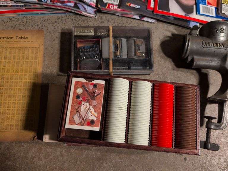 Miscellaneous vintage items - Universal meat grinder, poker set, clippers, speedometers, belt buckle