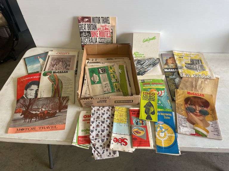 Vintage magazines, maps, and books