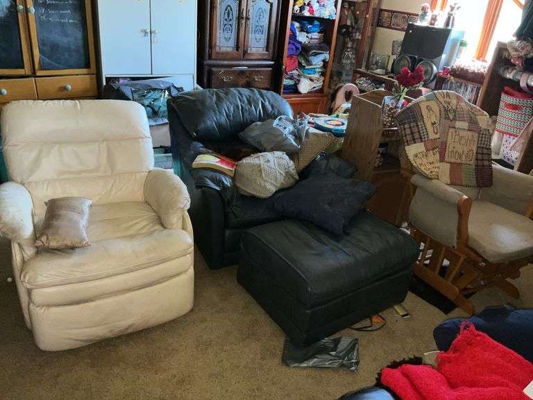 PAIR OF UPHOLSTERED CHAIRS AND GLIDER ROCKER