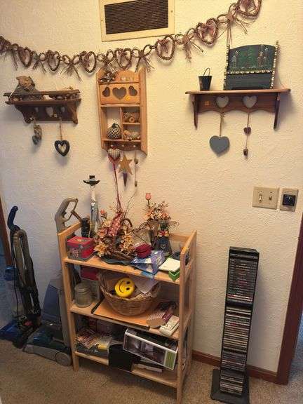 WOODEN DISPLAY SHELF, WALL SHELVES, DECOR, CD'S, AND MORE