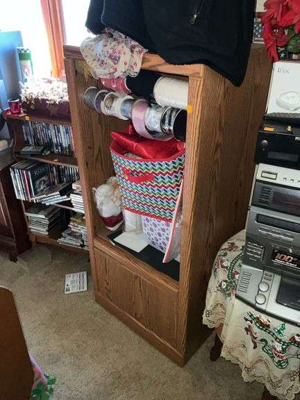 WOOD CABINET W/SPEAKERS AND SHELF OF DVD'S/CD'S